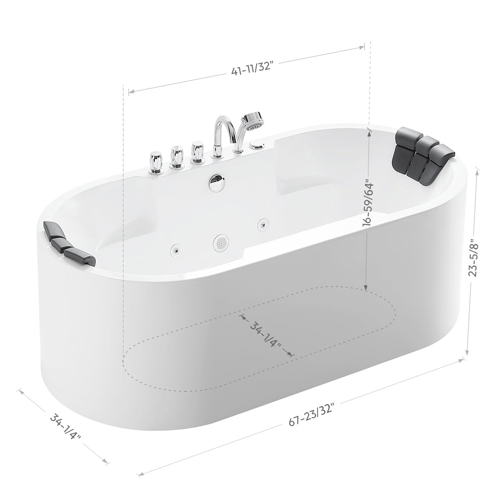 67" Oval Freestanding Whirlpool Bathtub With Center Drain