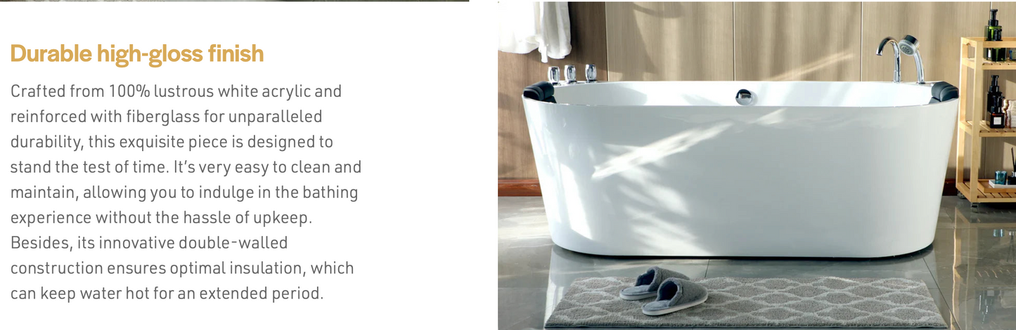 59" Freestanding Hydro Massage Whirlpool Bathtub With Center Drain