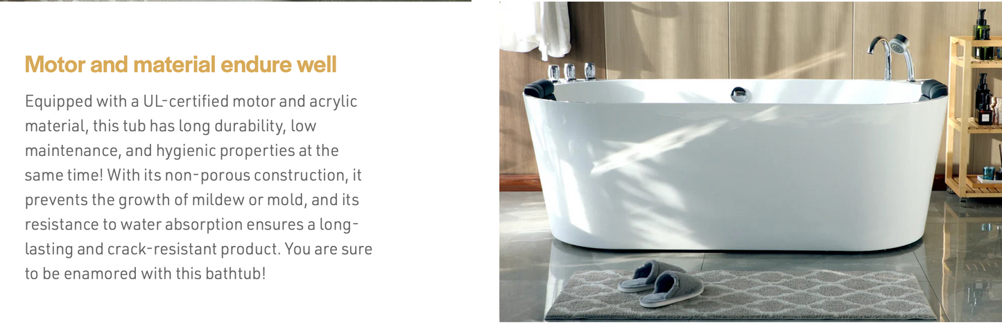 67" Freestanding Hydro Massage Whirlpool Bathtub With Center Drain