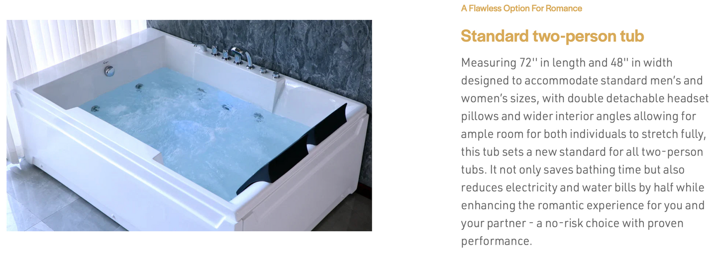 72" Alcove Whirlpool LED Bathtub For 2 Persons With Left Drain