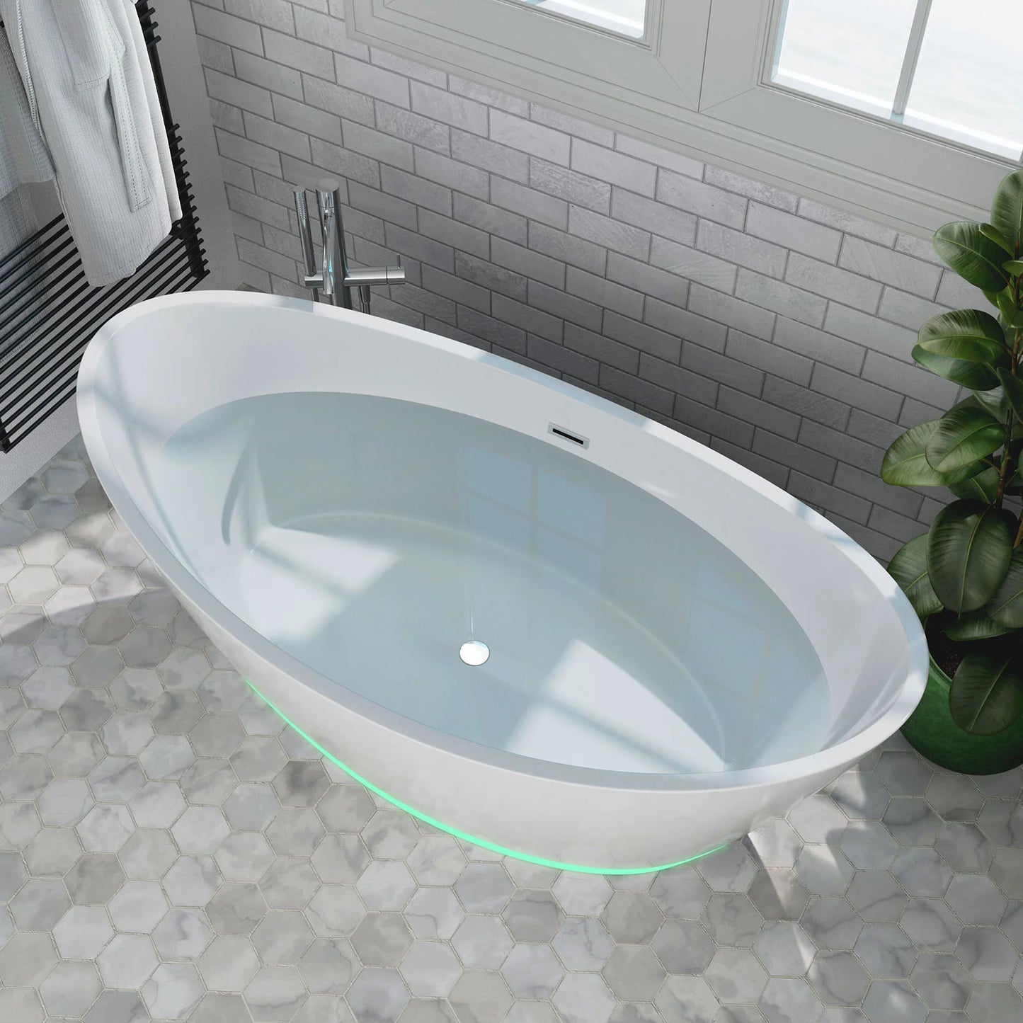 59" Freestanding Soaking LED Tub With Center Drain