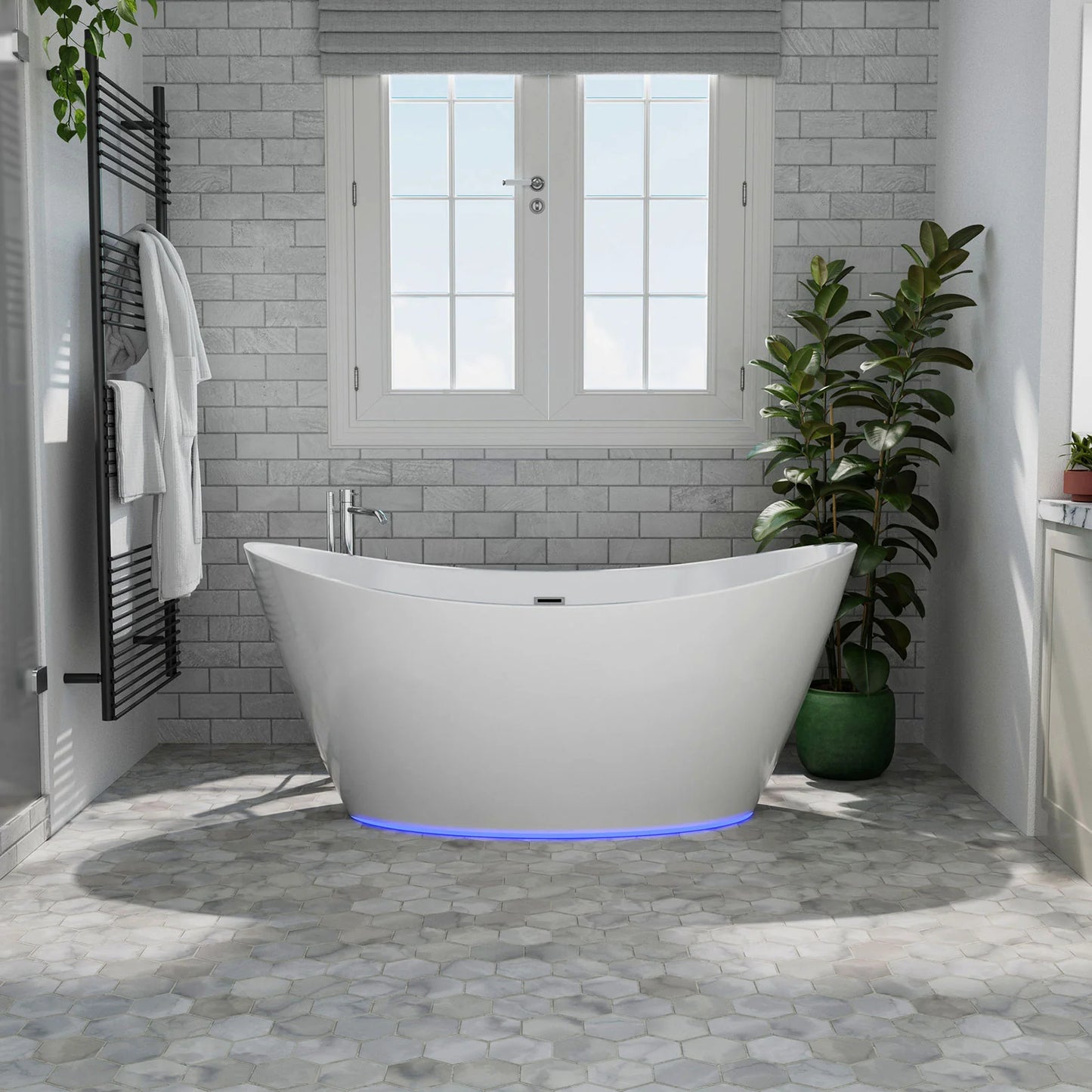 59" Freestanding Soaking LED Tub With Center Drain