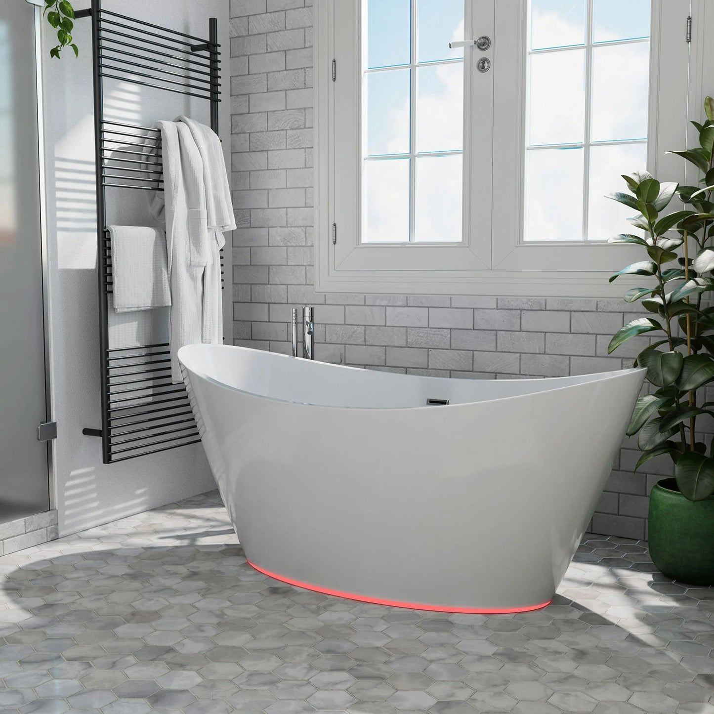 59" Freestanding Soaking LED Tub With Center Drain