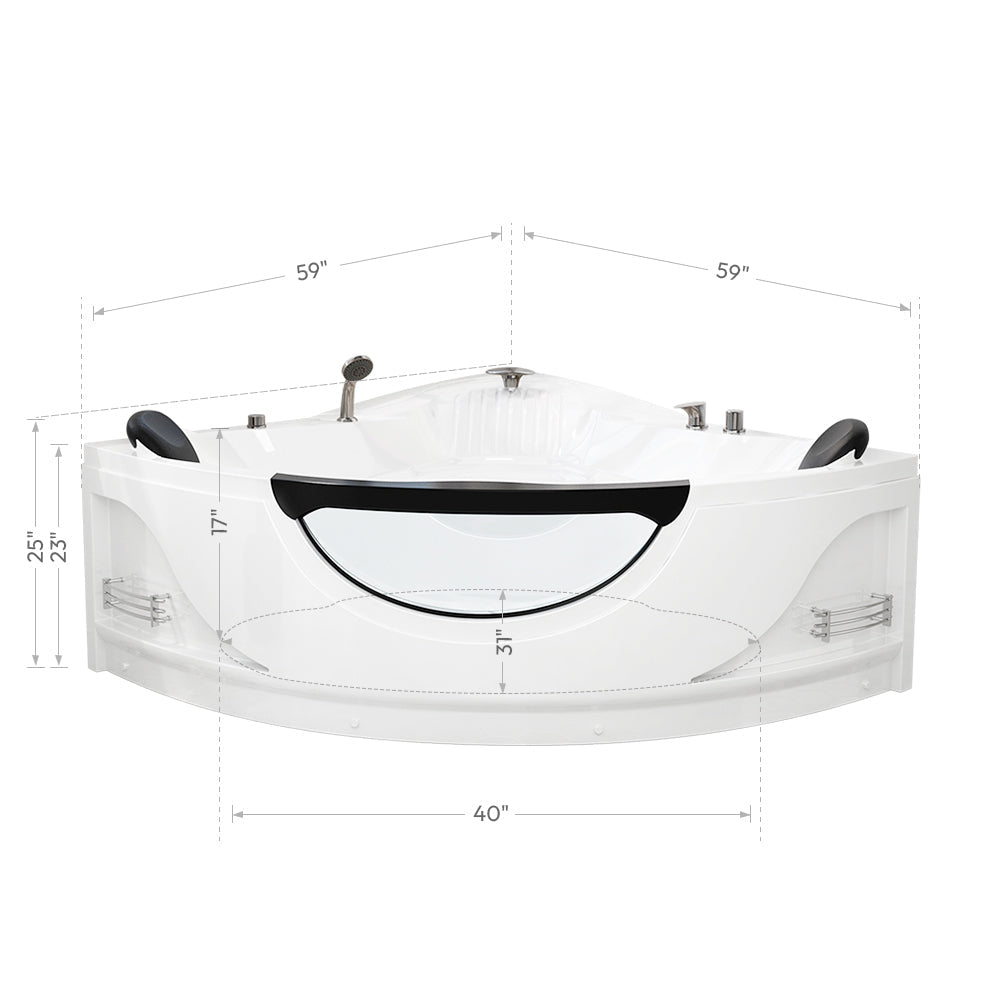 59" Alcove Whirlpool Inline Heater LED Tub With Left Drain