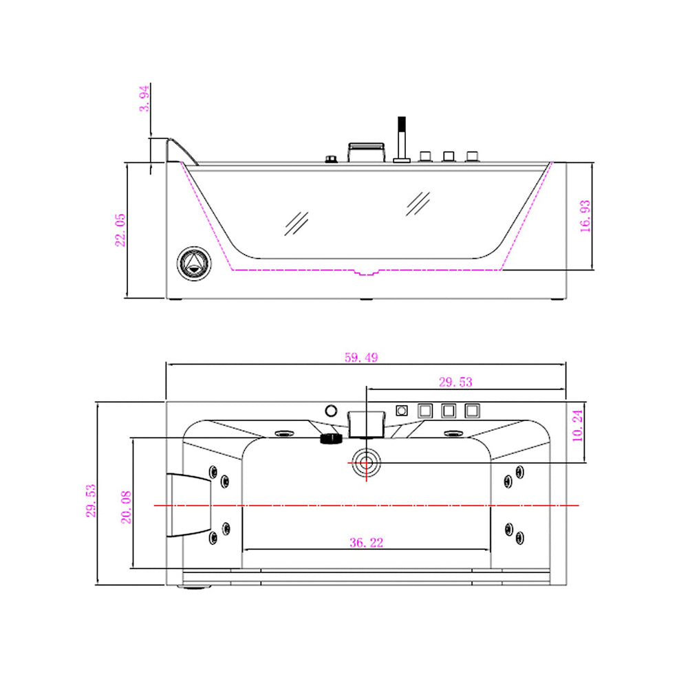 59" Alcove LED Whirlpool Bathtub With Center Drain