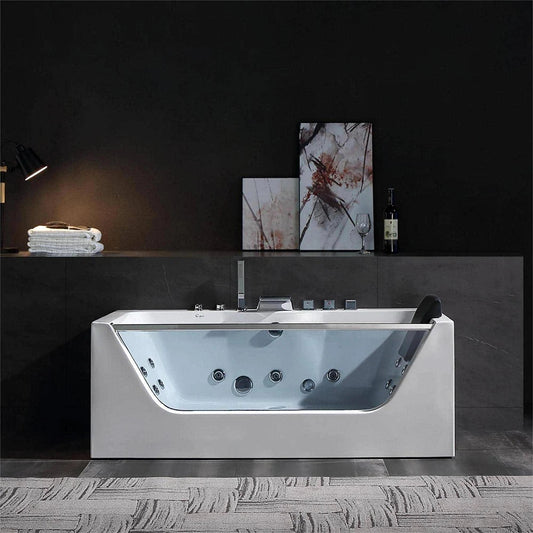59" Alcove LED Whirlpool Bathtub With Center Drain