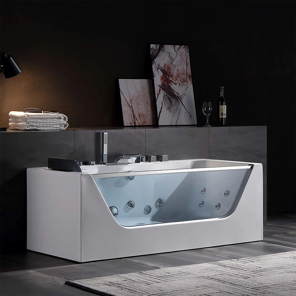 59" Alcove LED Whirlpool Bathtub With Center Drain
