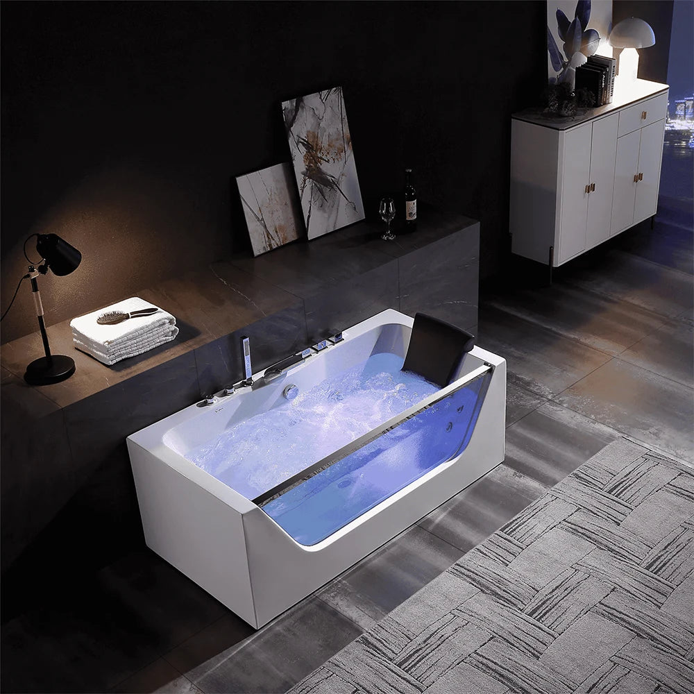 59" Alcove LED Whirlpool Bathtub With Center Drain