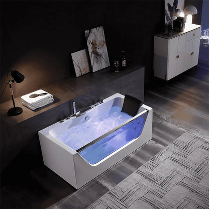 59" Alcove LED Whirlpool Bathtub With Center Drain