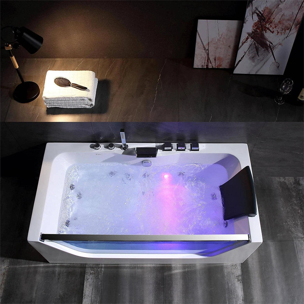 59" Alcove LED Whirlpool Bathtub With Center Drain