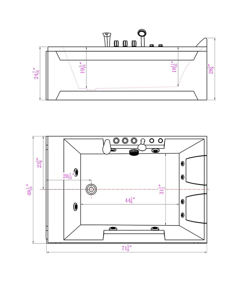 72" Alcove Whirlpool LED Bathtub For 2 Persons With Left Drain