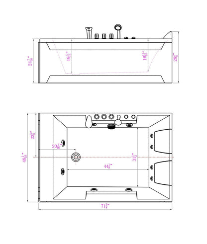 72" Alcove Whirlpool LED Bathtub For 2 Persons With Left Drain