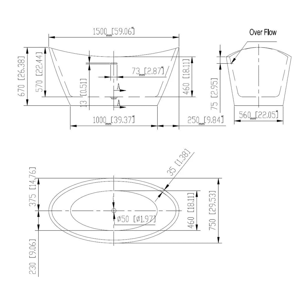 59" Freestanding Soaking Tub With Center Drain