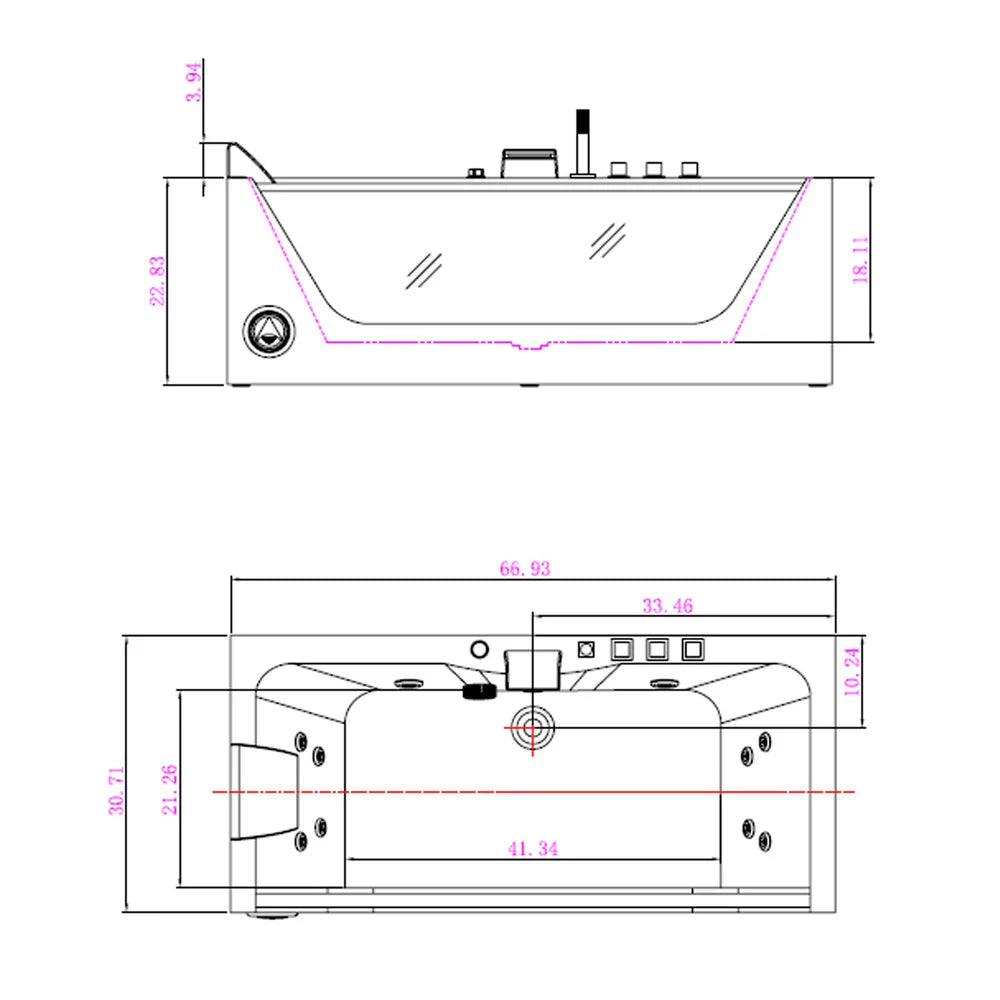 67" Alcove LED Whirlpool Bathtub with Center Drain