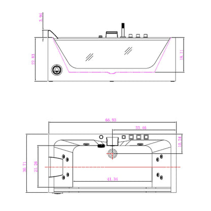 67" Alcove LED Whirlpool Bathtub with Center Drain