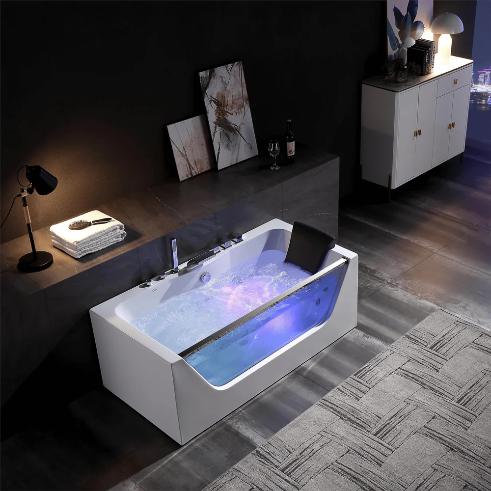 67" Alcove LED Whirlpool Bathtub with Center Drain