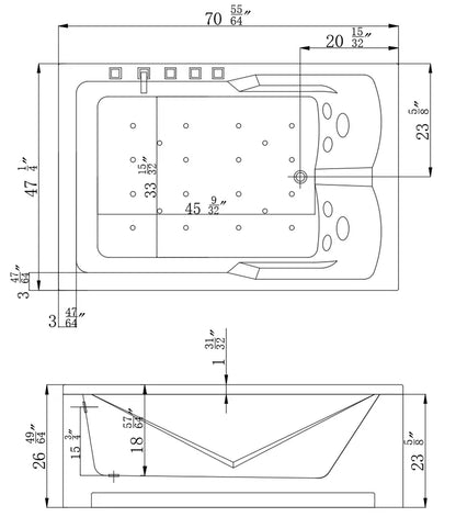 71" Alcove Whirlpool 2-Person Bathtub with Right Drain