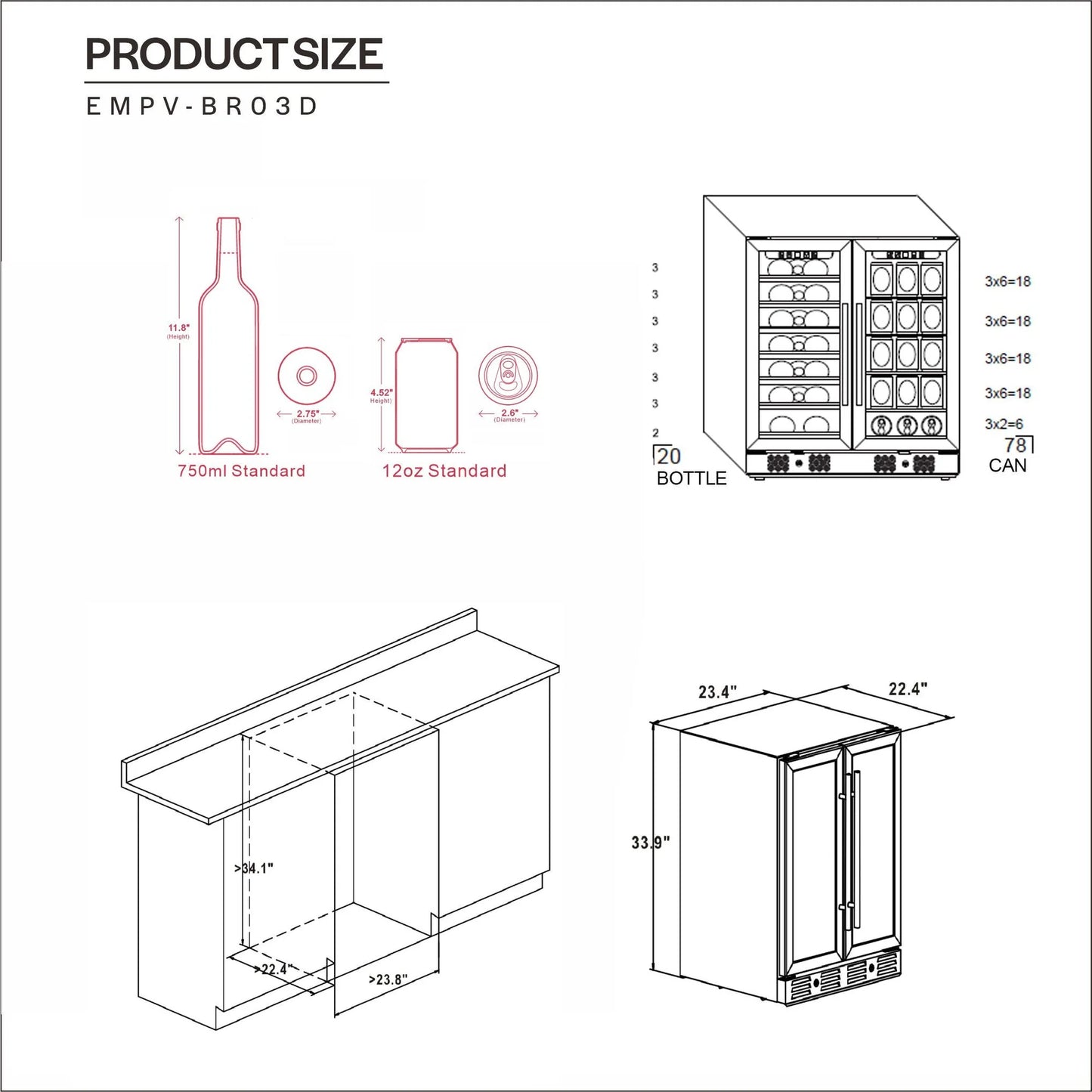 Empava 24" Dual Zone Wine And Beer Fridge Beverage Cooler