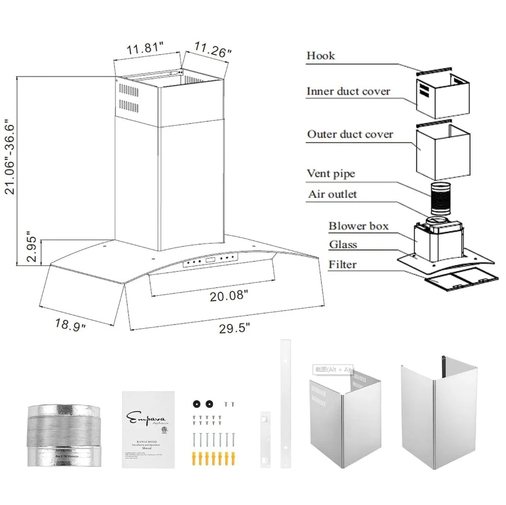 Empava 30 In. 400 CFM Wall Mount Ducted Range Hood