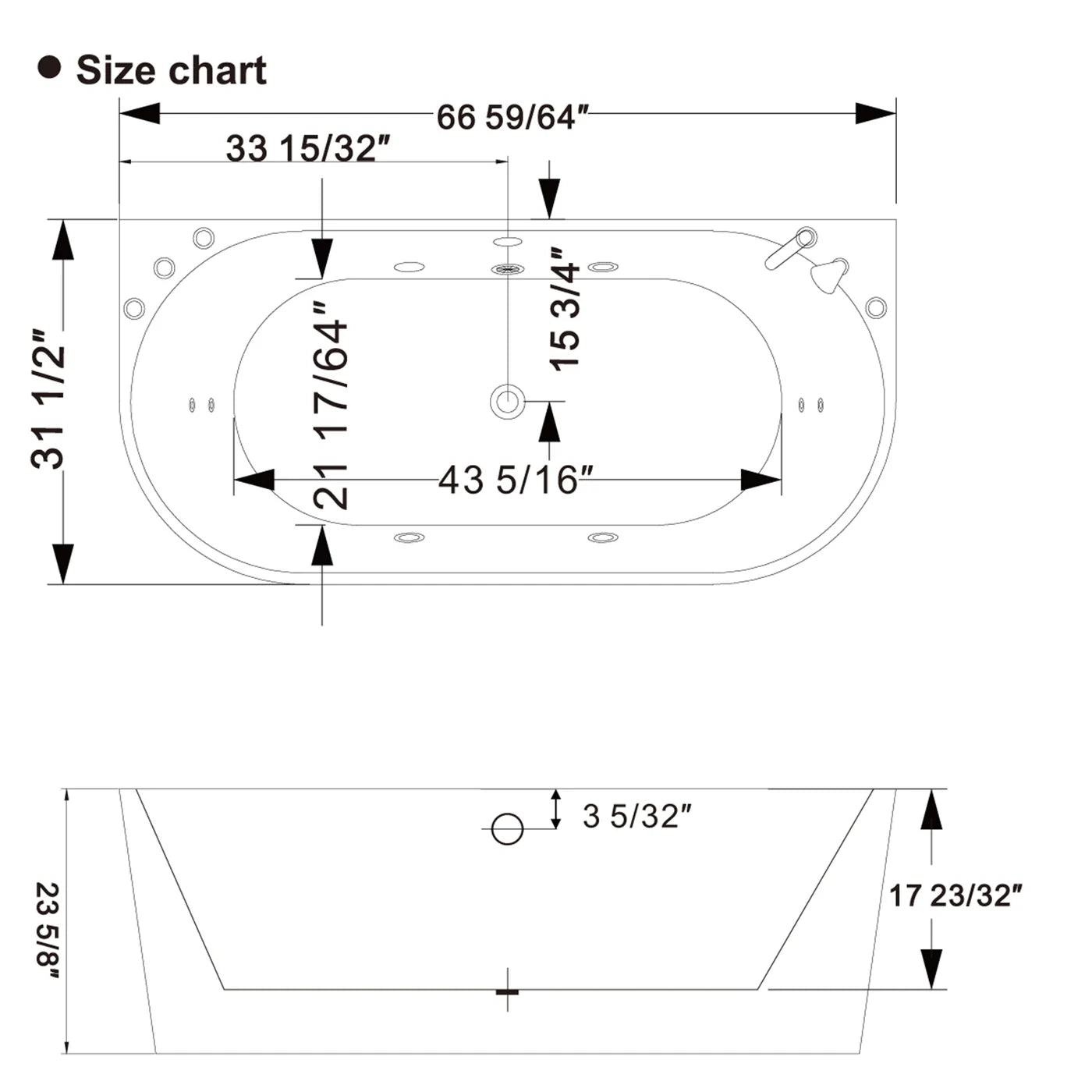 67" Freestanding Hydro Massage Whirlpool Bathtub With Center Drain