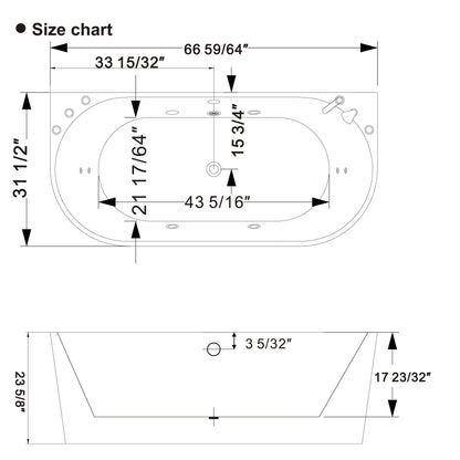 67" Freestanding Hydro Massage Whirlpool Bathtub With Center Drain