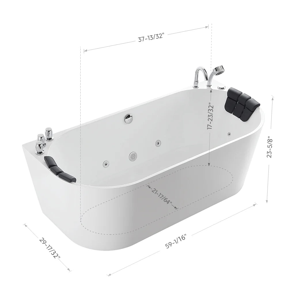 59" Freestanding Hydro Massage Whirlpool Bathtub With Center Drain