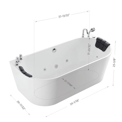 59" Freestanding Hydro Massage Whirlpool Bathtub With Center Drain