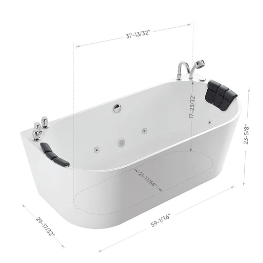 59" Freestanding Hydro Massage Whirlpool Bathtub With Center Drain