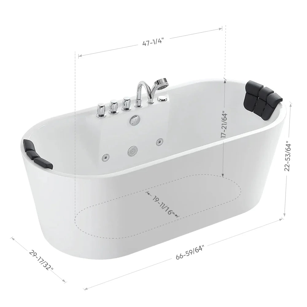 67" Freestanding Oval Whirlpool Bathtub With Center Drain