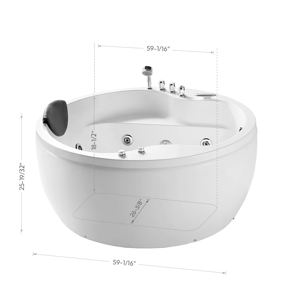59" Freestanding Round Whirlpool Bathtub With Right Drain