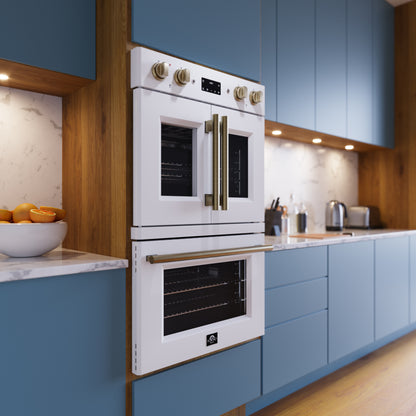 Forno Asti 30-Inch Double Electric Wall Oven with Upper French Doors in White & Antique Brass, 7.36 cu. ft. Dual True Convection, 7,200W, Air Fry, Sous Vide, Self-Clean