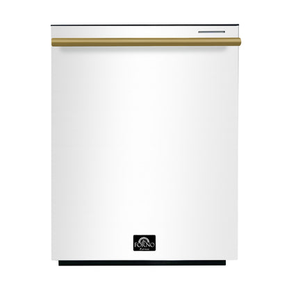 FORNO Premium 4-Piece Kitchen Bundle - Leonardo Espresso 30" White Range, 30" White Range Hood, 31" White Bottom Freezer Refrigerator, 24" White Built-In Dishwasher - FBDL-006-03US
