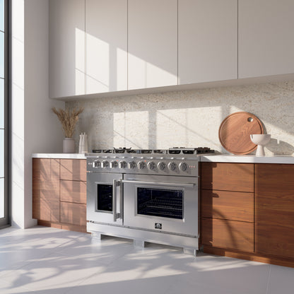 Forno Capriasca 48-Inch Freestanding French Door Gas Range, 8 Burners, Convection Oven, Energy Efficient