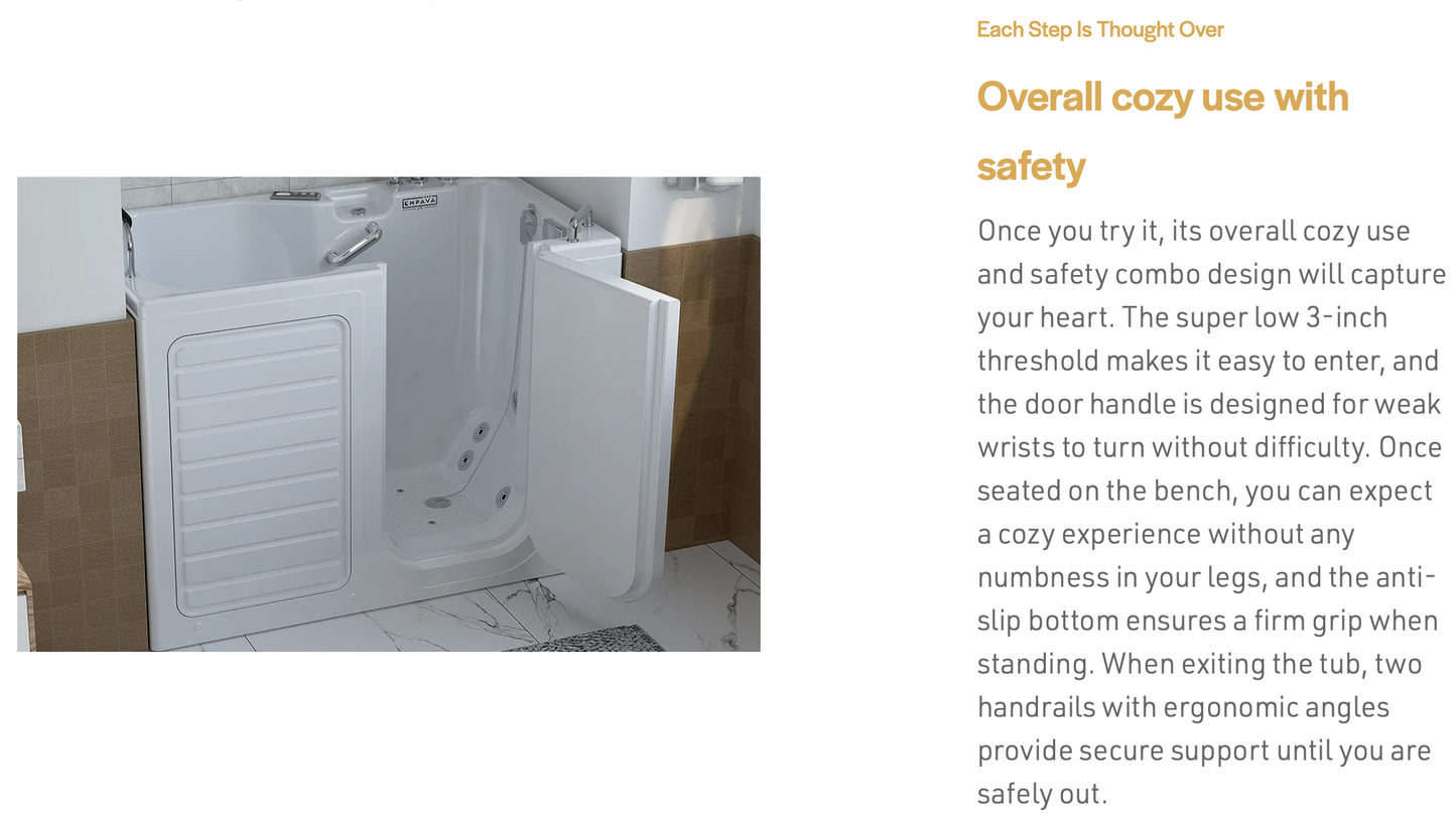 54" Alcove Inline Heater Whirlpool Walk-In Tub 2.0 Upgraded With Right Drain